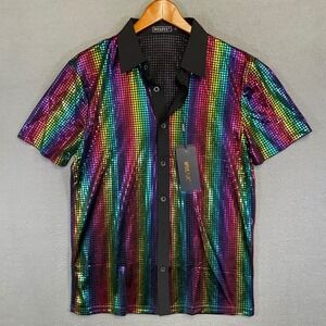 WULFUL Mens Small Metallic Rainbow Disco Button Shirt Festival Rave Shiny